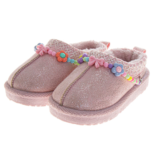 Josmo SlipOn Slippers Girls Sparkly Pink Beaded Plush Cozy House Shoe (Toddler)