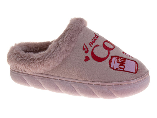 Coca-Cola Diet Coke Women's Cozy Plush Slip-On Slippers – Pink "I Need a Diet Coke" Graphic Soft Indoor House Shoes (Adults)