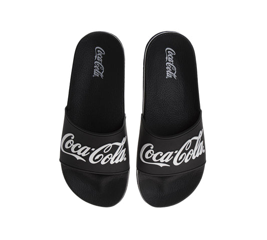 Coca-Cola Coke Men’s Slide Sandals – Black Script Logo Slip-On Slides Extra Cushion Comfort Casual Slides (Adults)