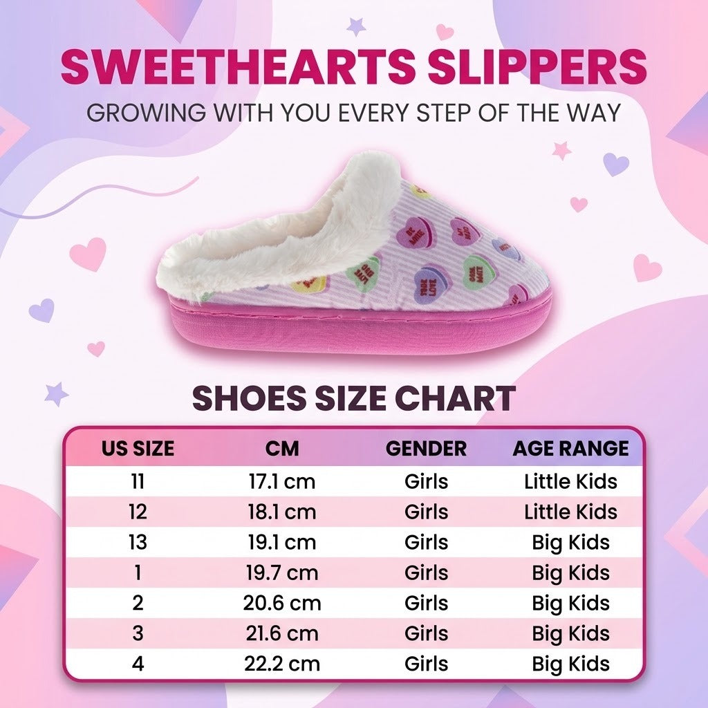 Sweethearts Conversation Hearts Slippers Girls  Cozy Furry Comfort Soft Plush Warm Lined Indoor Wear (Little Kid / Big Kid)