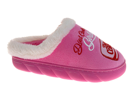 Coca-Cola Diet Coke Women’s Cozy Plush Slip-On Slippers – Pink “Diet Coke Girlie” Graphic Soft Indoor House Shoes (Adults)