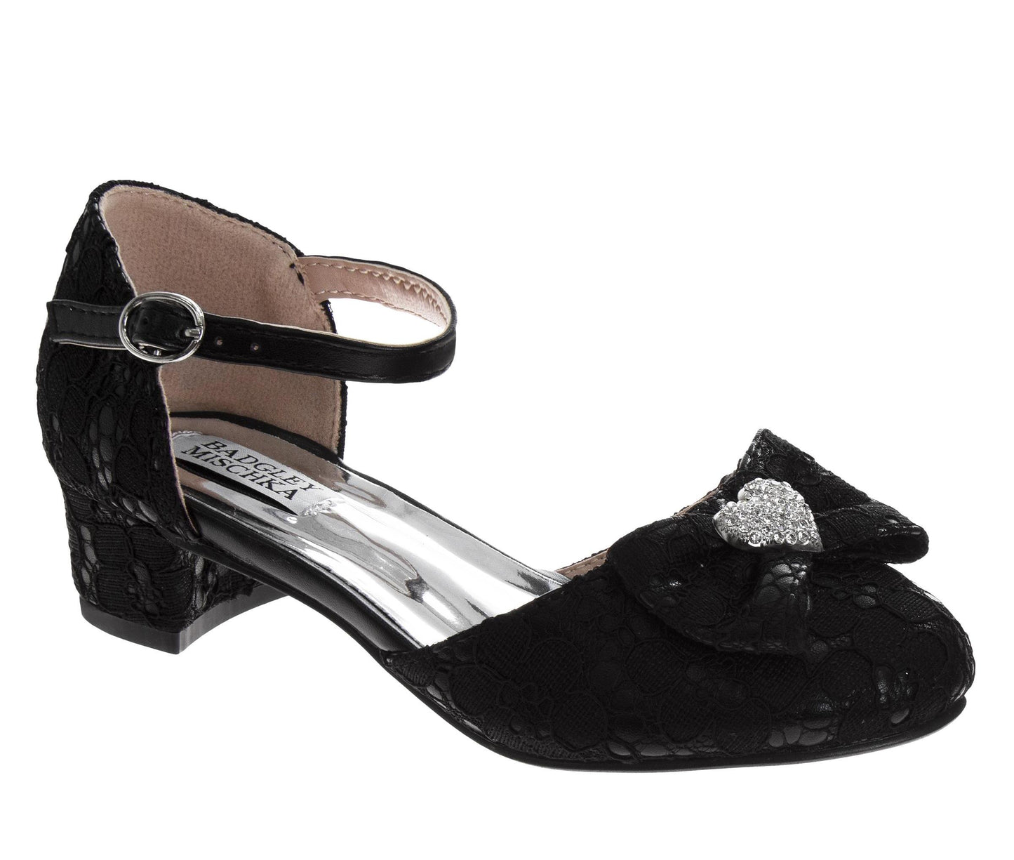 Badgley Mischka Girls’ Glitter Bow Dress Shoes, Ankle Strap Block Heel Shoes (Little Kid/Big Kid)