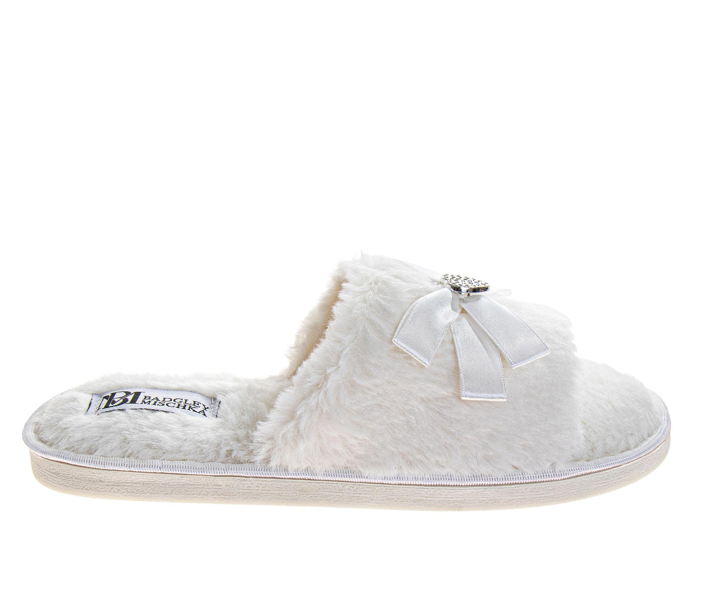 Badgley Mischka Women’s Plush Slippers Cozy Faux Fur Open-Toe House Slippers with Bow Detail (Adults)