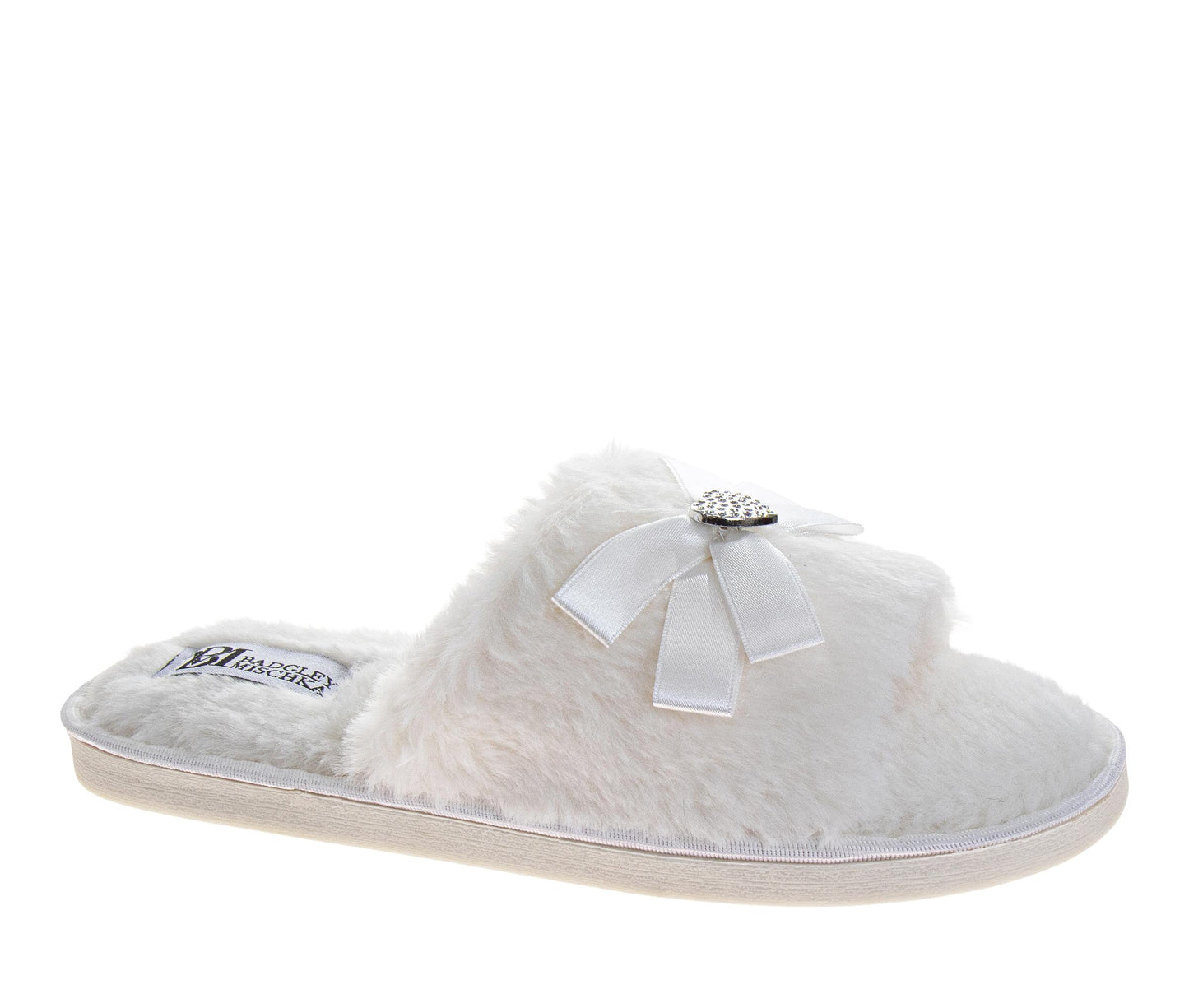 Badgley Mischka Women’s Plush Slippers Cozy Faux Fur Open-Toe House Slippers with Bow Detail (Adults)