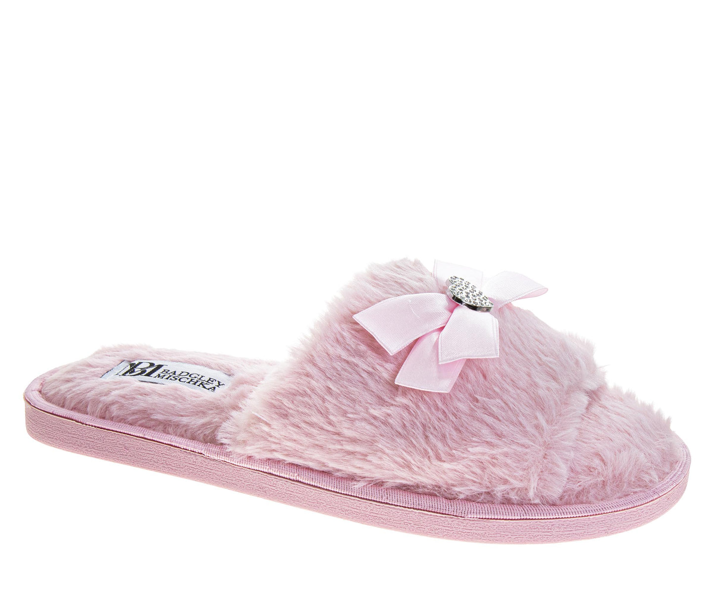 Badgley Mischka Women’s Plush Slippers Cozy Faux Fur Open-Toe House Slippers with Bow Detail (Adults)