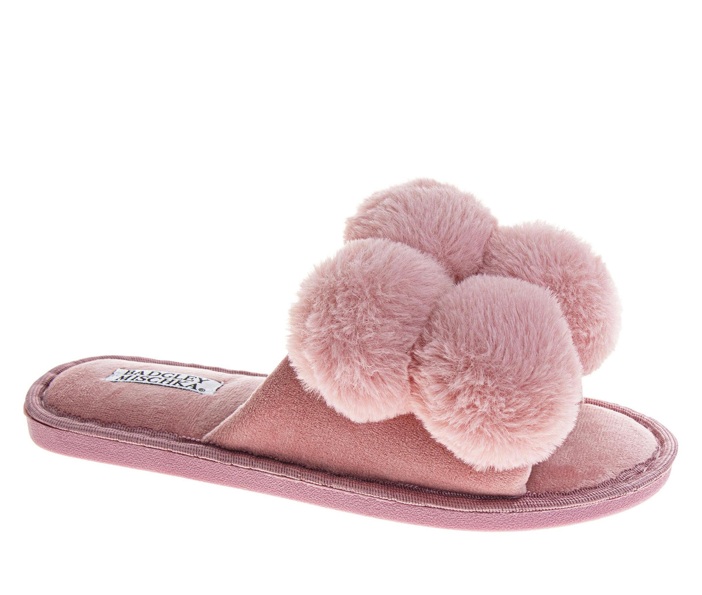 Badgley Mischka Women’s Plush Pom-Pom Slippers  Cozy Open-Toe Slide House Shoes (Adults)