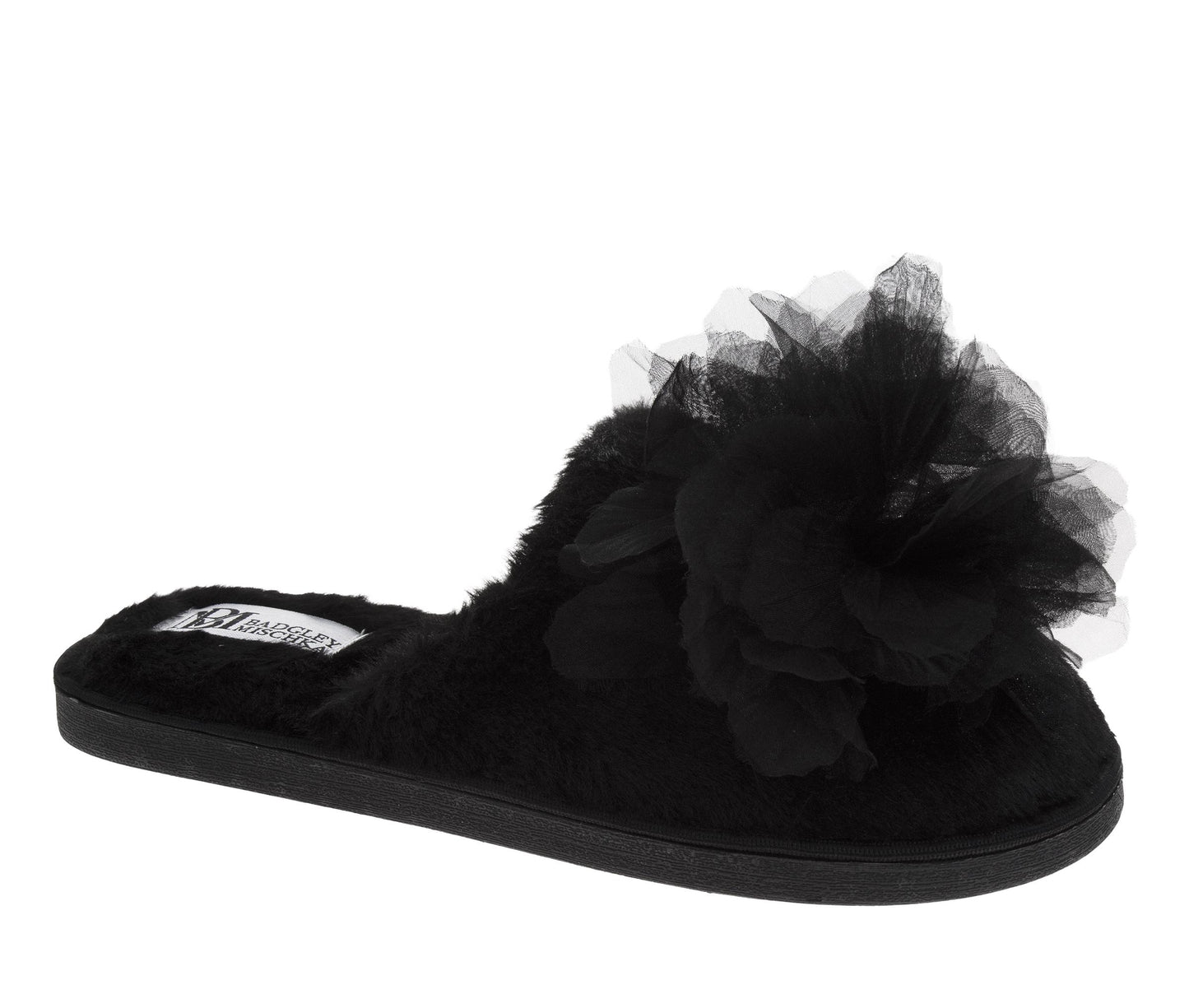 Badgley Mischka Women’s Plush Floral Slippers  Cozy Open-Toe House Slides with 3D Flower Detail (Adults)