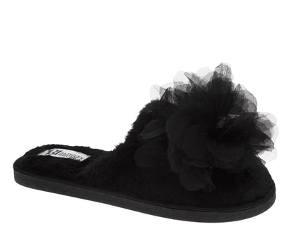 Badgley Mischka Women’s Plush Floral Slippers  Cozy Open-Toe House Slides with 3D Flower Detail (Adults)