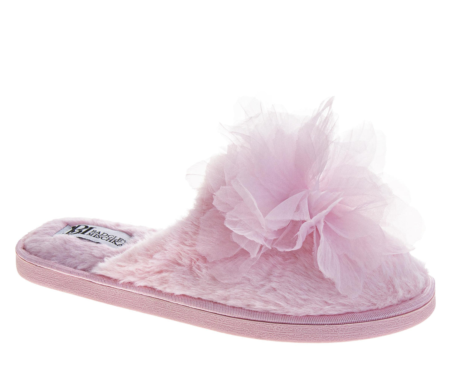 Badgley Mischka Women’s Plush Floral Slippers  Cozy Open-Toe House Slides with 3D Flower Detail (Adults)