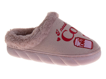Coca-Cola Diet Coke Women's Cozy Plush Slip-On Slippers – Pink "I Need a Diet Coke" Graphic Soft Indoor House Shoes (Adults)