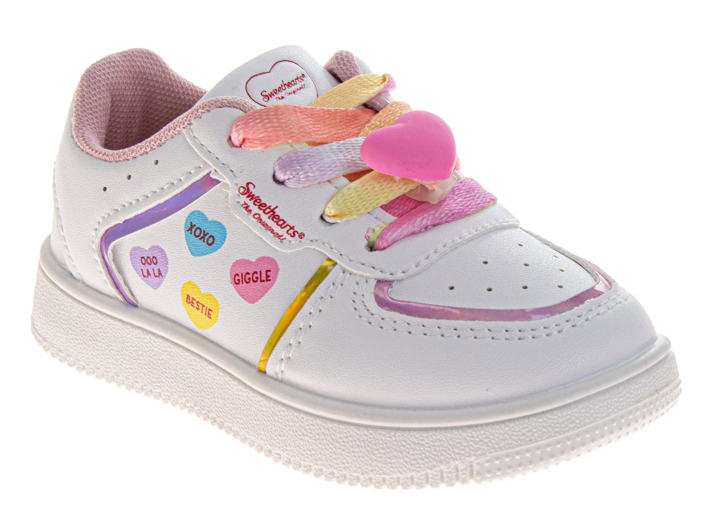 Sweethearts White Sneakers Girls  Rainbow Laces Heart Charms Fashionable Casual Comfort LaceUp Look (Toddler)