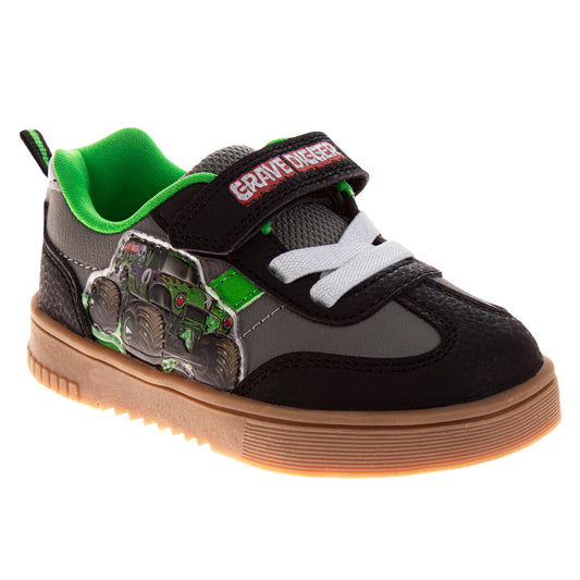 Monster Jam Monster Truck Design Sneakers Boys  Rugged Tread Crushing Action Low Top Style Durable Velcro Closure (Toddler / Little Kid)