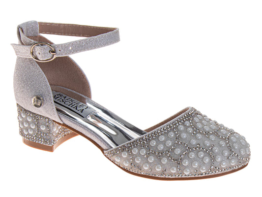 Badgley Mischka Girls Glitter Dress Heels with Pearl & Rhinestone Detail, Block Heel, Ankle Strap (Little Kidâ€“Big Kid)
