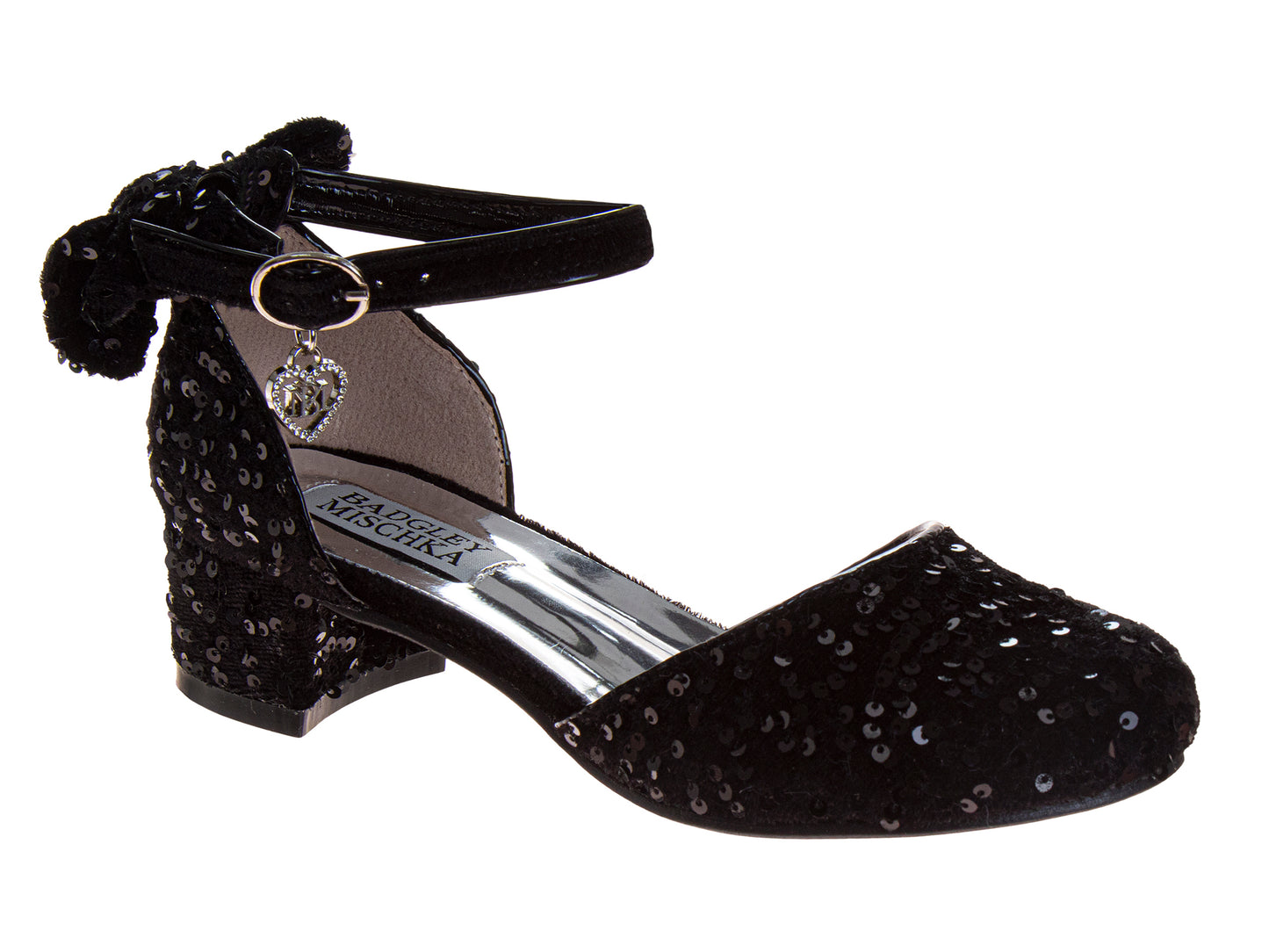 Badgley Mischka Girls Velvet and Sequin Dress Heels with Bow, Ankle Strap, Block Heel (Little Kidâ€“Big Kid)