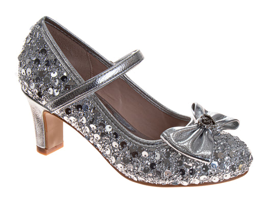 Badgley Mischka Girls Sequin Dress Heels with Bow, Mary Jane Strap (Little Kidâ€“Big Kid)