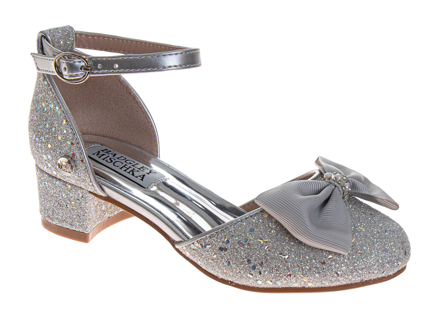 Badgley Mischka Girls Sparkle Dress Shoes with Bow Accent and Block Heel (Little Kidâ€“Big Kid)