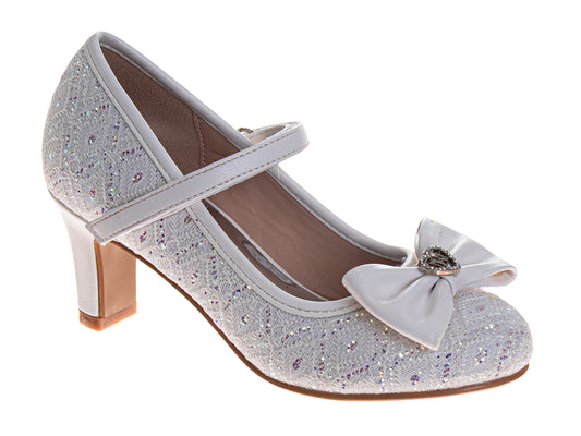 Badgley Mischka Girls Sparkle Lace Dress Shoes with Bow Accent and Block Heel (Little Kidâ€“Big Kid)